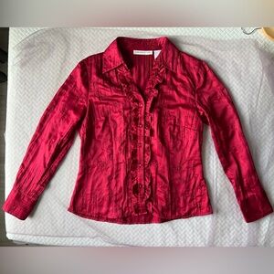 (5/$10) Laura Petites Red Button-Up Ruffle Blouse - Size Petite Small